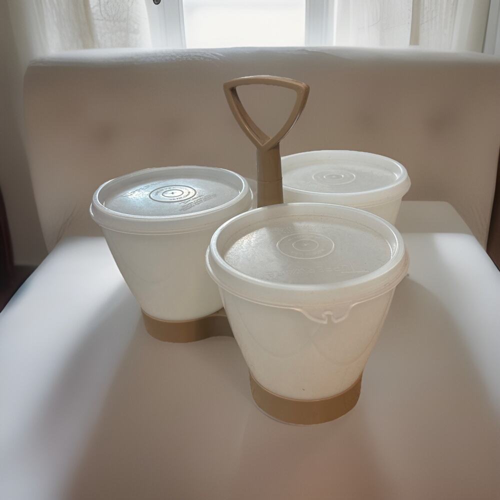 Vintage Tupperware Condiment Caddy Server Set 3 with Lids Beige Tan 757-1